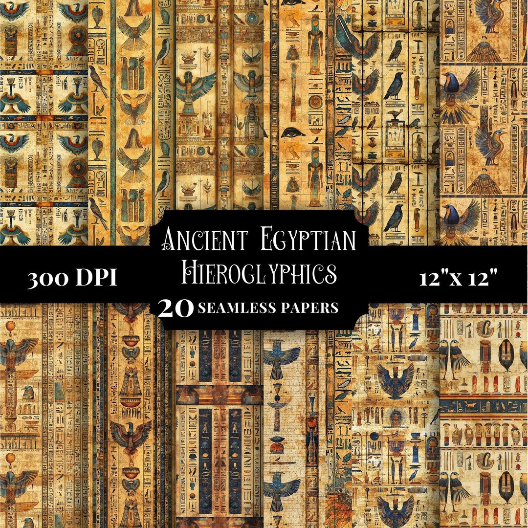 Seamless Egyptian Digital Paper, Printable Scrapbook Textures, Hieroglyphic Patterns, Instant ...