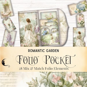 Kit folio de journal indésirable jardin romantique, folio pliable imprimable, éphémères de scrapbooking botanique vintage, sauge nostalgique floral shabby Chic