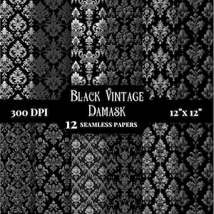 May include: Twelve seamless digital paper patterns featuring black and silver damask designs. The papers are 12 inches by 12 inches and 300 DPI. "Black Vintage Damask" is written in white text on a black background.