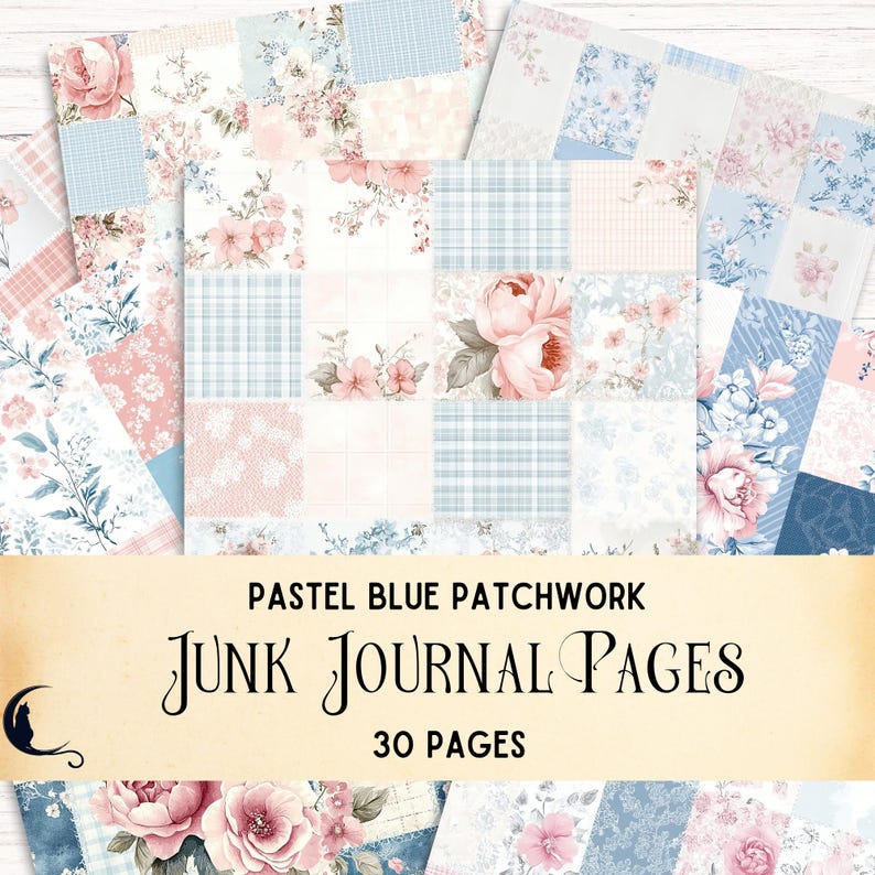 K&ouml;nnte beinhalten: Pastellblaue Patchwork-Junk-Journal-Seiten mit floralen und karierten Mustern. Die Seiten weisen eine Vielzahl von Designs in sanften Rosa-, Blau- und Wei&szlig;t&ouml;nen auf. Der Text auf dem Bild lautet "Pastel Blue Patchwork Junk Journal Pages 30 Pages."