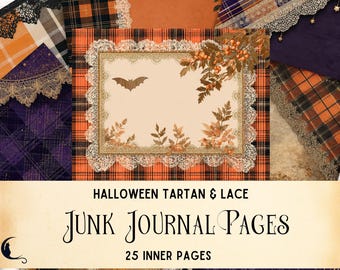 Puede incluir: Una colección de páginas digitales para diario con patrones de tartán de Halloween, bordes de encaje intrincados y follaje otoñal. La página central muestra una silueta de murciélago e ilustraciones botánicas. Texto: HALLOWEEN TARTAN & LACE JUNK JOURNAL PAGES 25 INNER PAGES.