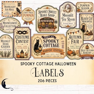 Pode incluir: Uma coleção de etiquetas de papel decorativas com temas vintage de Halloween e outono. Os designs incluem ilustrações de gatos pretos, abóboras, lanternas e textos como Spooky Cottage, Moonlit Air Mail e Autumn Fair.