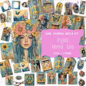 Kit de diario basura de estilo hippie de chica pastel, kit de folio imprimible, material efímero retro vintage de los años 60, álbum de recortes bohemio, collage colorido y caprichoso