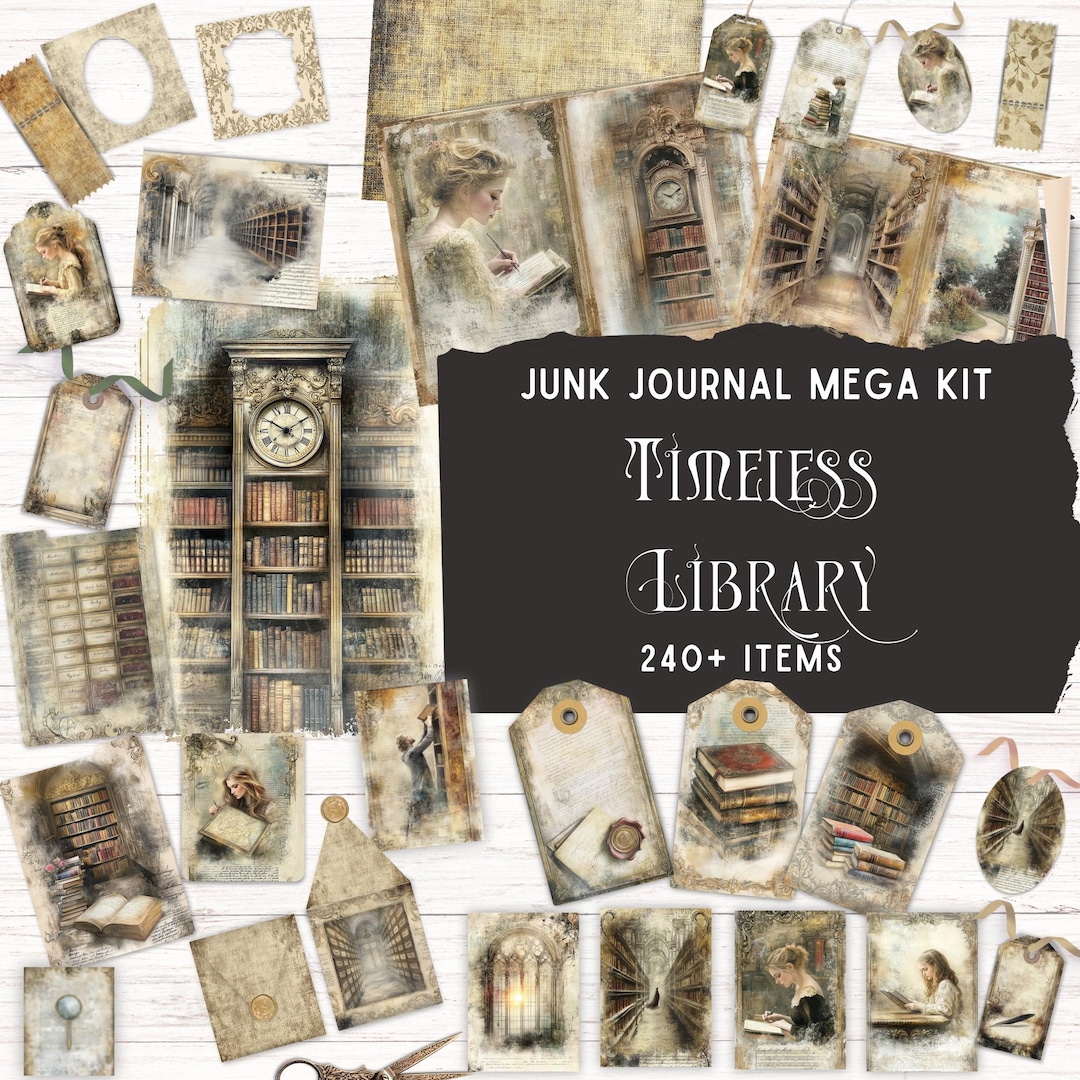 Timeless Library Junk Journal Kit, Printable Folio Pocket, Vintage ...