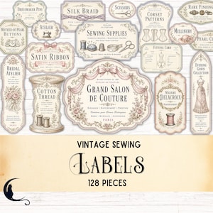 May include: A collection of vintage-style sewing labels in soft pastel colors. The labels feature illustrations of sewing tools, ribbons, and text such as "Grand Salon de Couture" and "Sewing Supplies." The image includes the text "VINTAGE SEWING LABELS 128 PIECES."