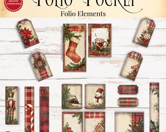 素朴な格子柄クリスマスジャンクジャーナルフォリオキット | 印刷可能