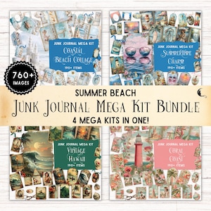 Summer Beach Junk Journal Bundle, Printable Ocean Ephemera, Pocket Folio Kit, Coastal Digital Scrapbook Supplies for DIY Crafting Projects