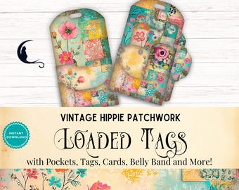 Hippie Patchwork geladen Tag, druckbares Junk Journal Ephemera, geladene Tasche, Shabby Chic Vintage Quilt, Blumencollage, Papierverzierungen