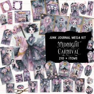 May include: A junk journal mega kit titled Midnight Carnival with 210 plus items featuring various illustrations of carnival characters, animals, and scenes in shades of purple, pink, and black, including tags, cards, and decorative paper elements.