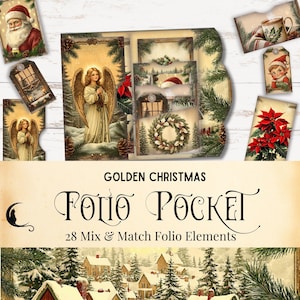 Kit folio pour carnet de Noël doré | Éphémères de poche imprimables rustiques | Kit folio pliable | Éphémères de Noël vintage beiges et dorés