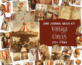 Vintage Circus Junk Journal Kit, vintage carnaval kortstondig, afdrukbaar foliozakje, unieke plakboekbenodigdheden, circus collage digitaal papier