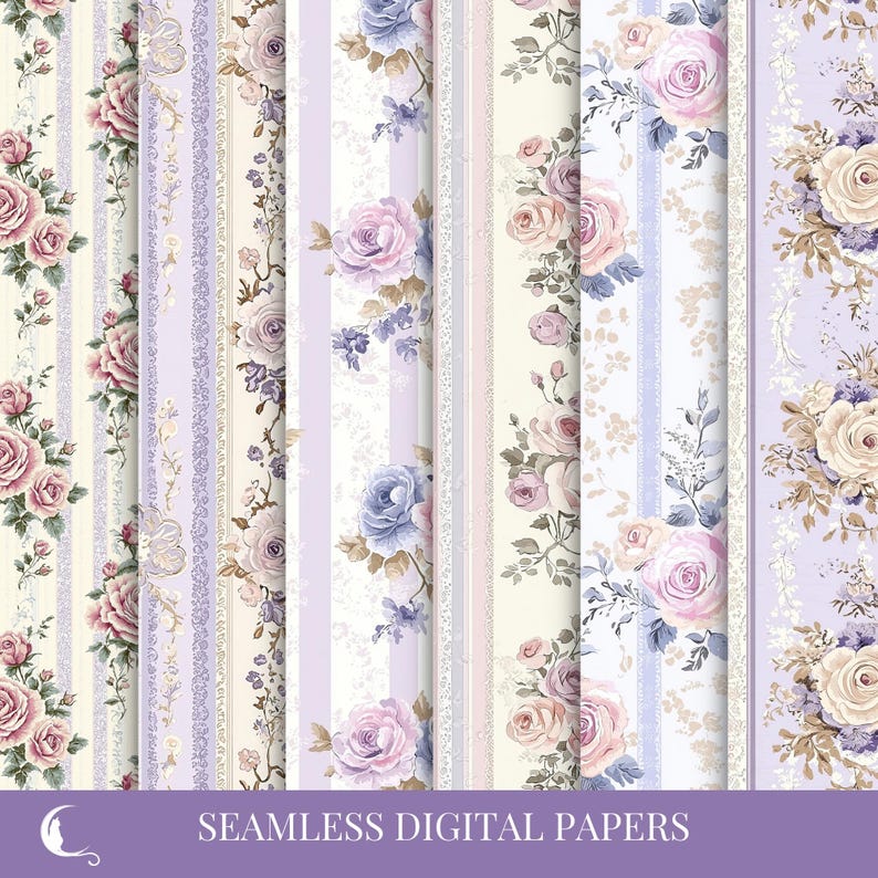 Vintage Floral Stripes Digital Paper Pack, Seamless Patterns for ...
