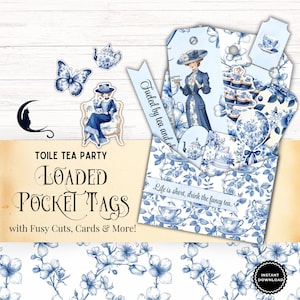 Toile Tea Party Loaded Pocket Tag Afdrukbare Junk Journal Ephemera Blauw-witte Chinoiserie Kieskeurig Vintage Elegante Plakboek Benodigdheden DIY