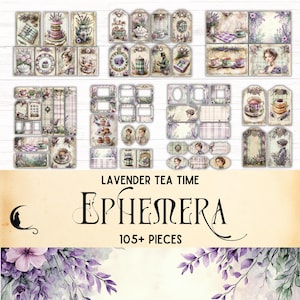 Lavender Tea Time Junk Journal Kit, Printable Vintage Ephemera, Victorian Tea Party Tags, Shabby Chic Digital Scrapbook Supplies, Pastels