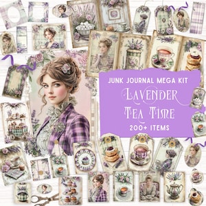 Kit de carnet de notes lavande Tea Time, album de scrapbooking shabby chic, éphémères vintage, pochette folio pliante, papier numérique victorien, fournitures pour travaux manuels