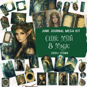 Può includere: Una collezione di oggetti effimeri a tema fantasy per il junk journaling. L'immagine presenta illustrazioni di elfi, foreste e creature mitiche. Il testo recita "Junk Journal Mega Kit" e "Celtic Myth & Magic" con "200+ Items".