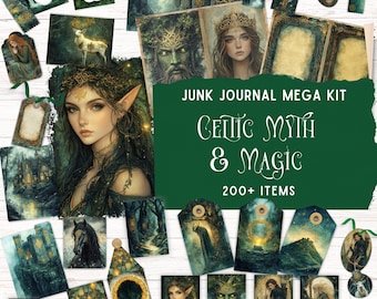 May include: A junk journal mega kit featuring over 200 items with Celtic myth and magic themes. The collection includes various paper tags, rectangular cards, and decorative cutouts displaying illustrations of forest spirits, castles, and mythical figures.