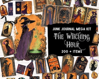 May include: A junk journal mega kit titled The Witching Hour with 200+ items featuring various paper ephemera, tags, and cards decorated with illustrations of witches, black cats, cauldrons, potions, and gothic architecture in orange and purple.