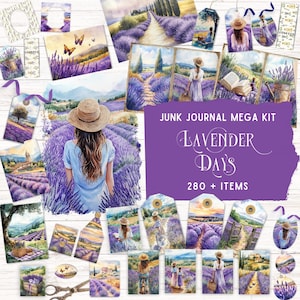 May include: A collection of watercolor-style images and tags featuring lavender fields, women in hats, and butterflies. The text "Junk Journal Mega Kit" and "Lavender Days" are visible, along with "280 + Items". The color palette includes purple, green, and brown.