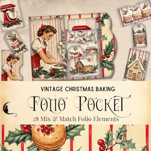 Vintage kerstbakafval dagboek Folio Kit | Afdrukbare zakephemera | Opvouwbare folioset | Rustieke bakkerijproducten, papierwaren