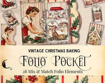Vintage kerstbakafval dagboek Folio Kit | Afdrukbare zakephemera | Opvouwbare folioset | Rustieke bakkerijproducten, papierwaren