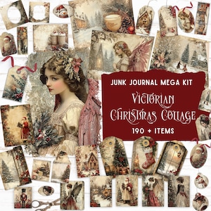 Kit de carnet de voyage collage Noël victorien, folio pliant festif, fournitures d'artisanat pour les fêtes, papier de scrapbooking numérique, éphémères vintage