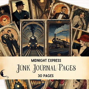 Może przedstawiać: Zestaw stron do junk journala w stylu vintage z motywem Midnight Express. Strony zawierają ilustracje pociągów, osób w formalnych strojach i wzory art deco. Zestaw zawiera 30 stron.