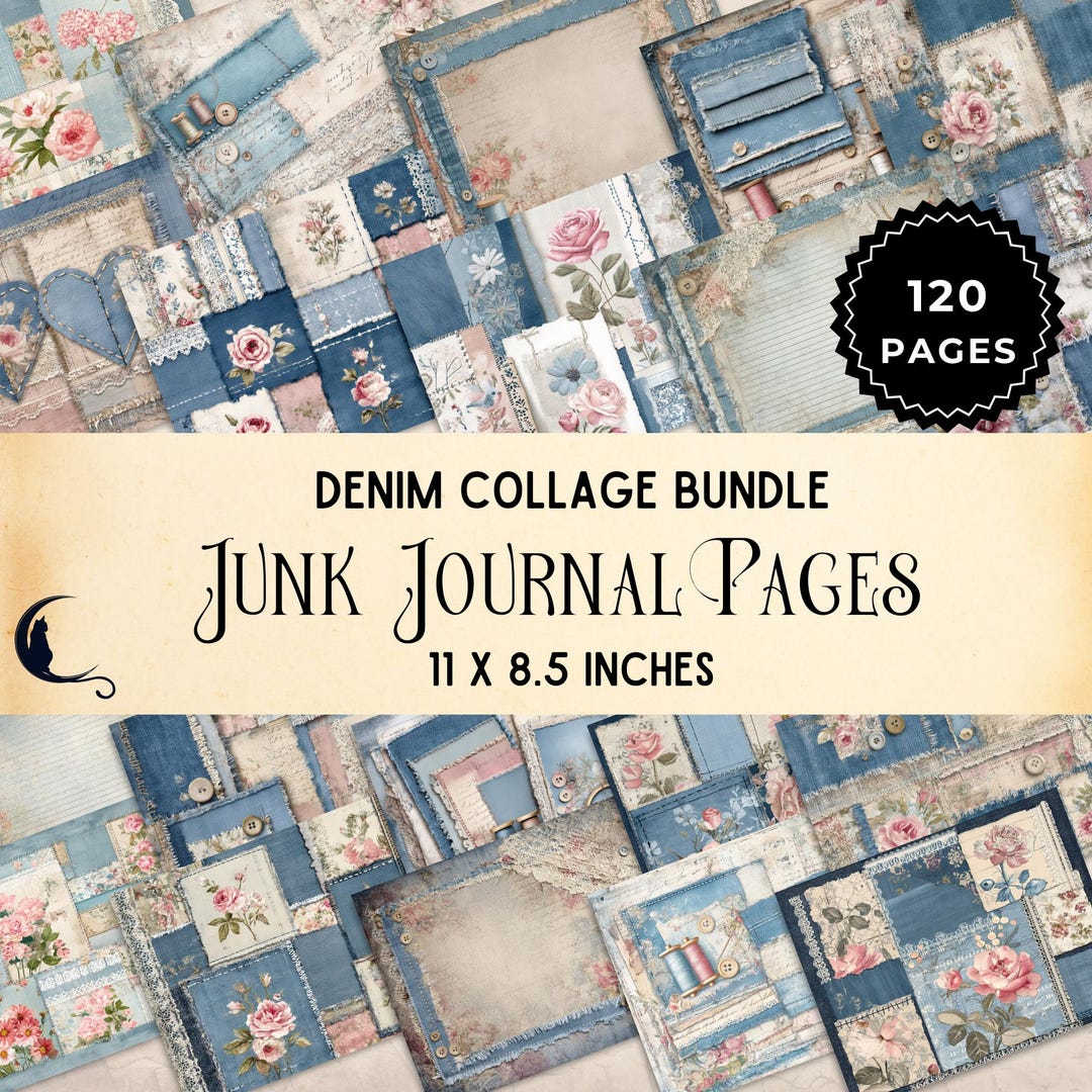 Floral Denim Collage Junk Journal Pages, Printable Vintage Ephemera ...