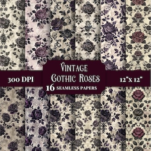 Seamless Black Roses Digital Paper, Stylish Vintage Victorian Patterns for Scrapbooking, Gothic Backgrounds, Craft Supplies Essentials JPG