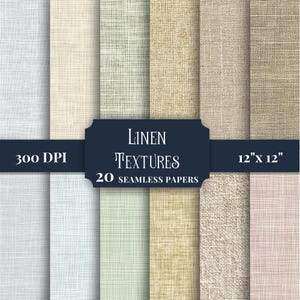 Może przedstawiać: Kolekcja 20 bezszwowych tekstur lnu w różnych neutralnych kolorach, w tym białym, beżowym i jasnobrązowym. Obraz zawiera tekst "Linen Textures", "12" x 12"" i "300 DPI".