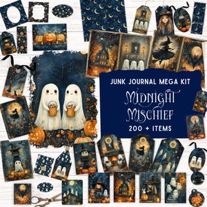 Kit de journal indésirable d'Halloween lunatique malice de minuit, folio imprimable, éphémères fantômes mignons, papier numérique automne sorcière, fournitures de scrapbooking bricolage