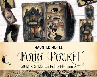 May include: A collection of paper craft elements titled Haunted Hotel Folio Pocket with 28 mix and match pieces. The set features illustrations of a dark building, a black cat, a person in a black dress, and various gothic-themed decorative tags.
