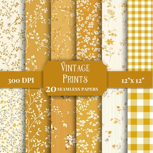 May include: A collection of twenty seamless digital papers featuring mustard yellow and cream patterns including floral motifs, delicate branches, and a classic gingham check. The central label displays the text Vintage Prints 300 DPI 12 x 12.