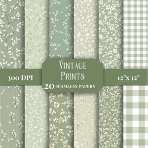 May include: A collection of 20 seamless vintage print papers in shades of green and white. The designs include floral patterns, vines, and a gingham check. The papers are 12" x 12" and 300 DPI. The words "Vintage Prints" are displayed on a green banner.