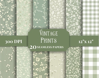 May include: A collection of twenty seamless digital papers in sage green and white, featuring floral, leaf, and gingham patterns. The central label displays the text Vintage Prints, 20 Seamless Papers, 300 DPI, and 12" x 12".