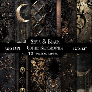 Sepia & Black Gothic Digital Paper, Dark Aesthetic Printable Backgrounds for Junk Journals, Vintage Scrapbook Grunge Textures for Crafts