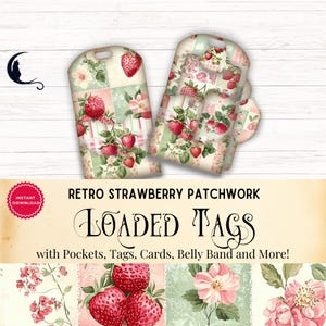 May include: A set of printable digital paper featuring a retro strawberry patchwork design. The paper is perfect for creating tags, cards, pockets, belly bands, and more.