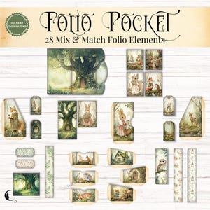 May include: A digital collection titled Folio Pocket 28 Mix & Match Folio Elements featuring various paper craft components. The set includes illustrations of woodland animals, trees, and forest scenes in soft, muted earth tones and green hues.