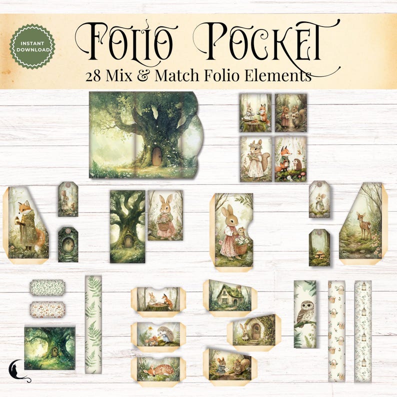 May include: A digital collection titled Folio Pocket 28 Mix & Match Folio Elements featuring various paper craft components. The set includes illustrations of woodland animals, trees, and forest scenes in soft, muted earth tones and green hues.