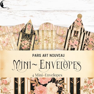 Paris Art Nouveau Mini Envelopes, Elegant Printable Envelopes, French Paper Embellishments, Stripe Junk Journal Ephemera, Pink, Gold & Cream