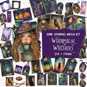 May include: A collection of whimsical witch-themed ephemera, including tags, cards, and illustrations. The central image features a woman with red hair and a witch's hat holding a cup. The text "Whimsical Witchery" and "210+ Items" is also visible.
