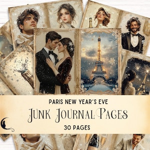 Kit de journal indésirable pour la Saint-Sylvestre, Nouvel an 2025, feux d'artifice et pages champagne à imprimer pour les célébrations, papier numérique romantique hiver Paris