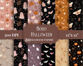 Nahtloses digitales Boho-Halloween-Papierpaket, Cottagecore-Muster, Junk Journals, Halloween-Hintergründe, druckbare Bastelmaterialien für niedliche Geister