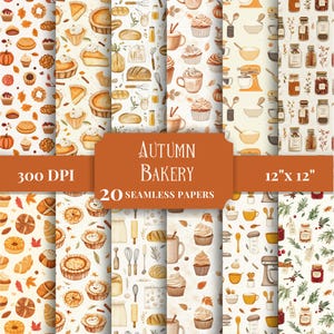 Könnte beinhalten: Eine Sammlung von 20 nahtlosen Herbst-Bäckerei-Papieren, jeweils 30,48 cm x 30,48 cm, mit Illustrationen von Backwaren, Kürbissen und Backutensilien. Die Papiere sind in warmen Tönen gehalten und tragen den Text "Autumn Bakery" und "300 DPI".