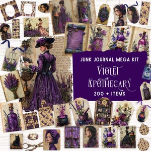 Kit de diário de lixo da Purple Apothecary, bolso de fólio para impressão, suprimentos para scrapbook de bruxaria e itens botânicos góticos vintage, grimório faça você mesmo