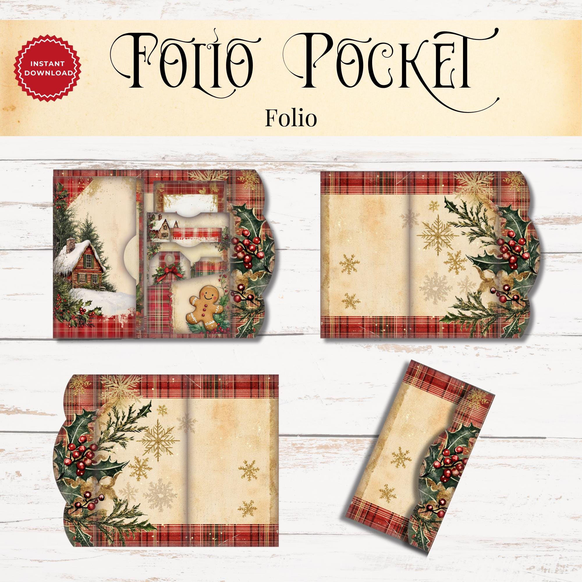 素朴な格子柄クリスマスジャンクジャーナルフォリオキット | 印刷可能
