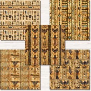 May include: A collection of five digital paper sheets featuring ancient Egyptian motifs. The patterns display hieroglyphics, winged deities, and figures in shades of gold, brown, blue, and black, arranged in vertical and horizontal repeating layouts.
