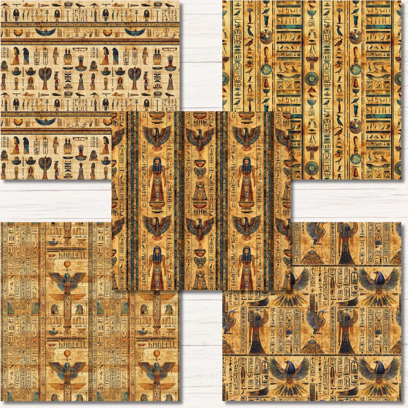 May include: A collection of five digital paper sheets featuring ancient Egyptian motifs. The patterns display hieroglyphics, winged deities, and figures in shades of gold, brown, blue, and black, arranged in vertical and horizontal repeating layouts.