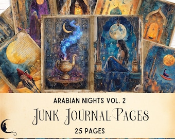 May include: A collection of Arabian Nights Vol. 2 junk journal pages featuring 25 sheets with intricate illustrations of desert landscapes, golden oil lamps with blue smoke, crescent moons, starry night skies, and figures in traditional attire.