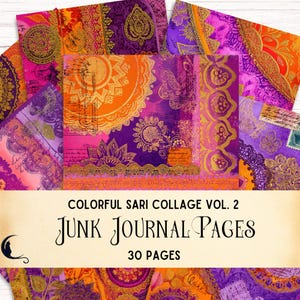 Kit de collage de retazos de sari indio coloridos, páginas imprimibles para diario digital, suministros para manualidades bohemias, textiles bohemios únicos, mandalas